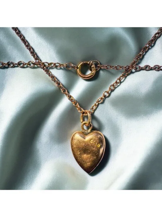 ANTIQUE 10K Gold Old Mine Cut Diamond Heart Puff Necklace - 14" -Victorian -1.6g - Picture 11 of 16